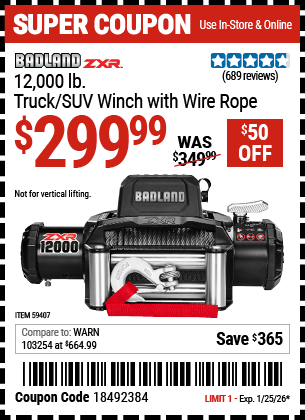 Harbor Freight Coupons, HF Coupons, 20% off - BADLAND ZXR 12 -000 lb. Truck/SUV Winch with Wire Rope 