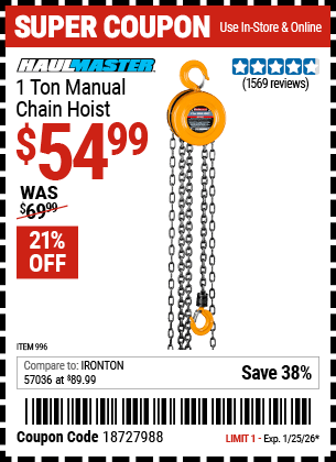 Harbor Freight Coupons, HF Coupons, 20% off - 1 Ton Chain Hoist