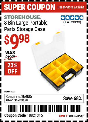 Harbor Freight Coupons, HF Coupons, 20% off - 8 Bin Large Portable Parts Storage Case