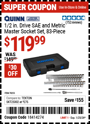 Harbor Freight Coupons, HF Coupons, 20% off - QUINN 1/2 in. Drive, SAE and Metric Master Socket Set, 83-Piece for $149.99