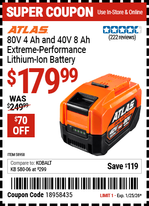 Harbor Freight Coupons, HF Coupons, 20% off - ATLAS 80V, 4.0 Ah and 40V, 8.0 Ah Lithium-Ion Battery for $219.99