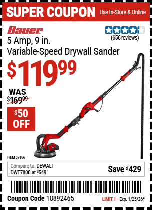 Harbor Freight Coupons, HF Coupons, 20% off - BAUER 5 Amp 9 in. Variable Speed Drywall Sander 
