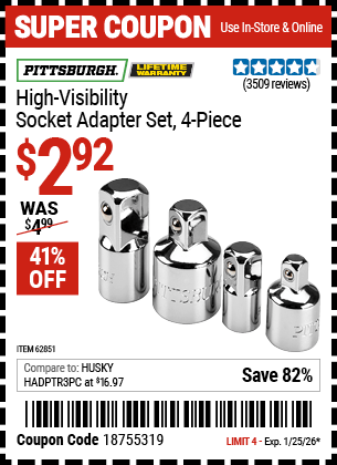 Harbor Freight Coupons, HF Coupons, 20% off - 4 Piece High Visibility Socket Adapter Set