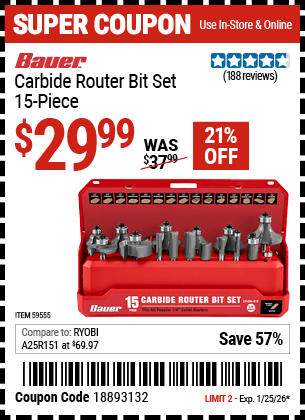 Harbor Freight Coupons, HF Coupons, 20% off - BAUER Carbide Router Bit Set 