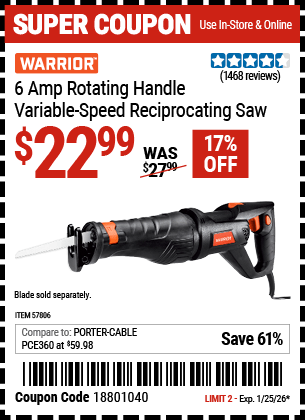 Harbor Freight Coupons, HF Coupons, 20% off - WARRIOR 6 Amp Rotating Handle Variable Speed Reciprocating Saw 