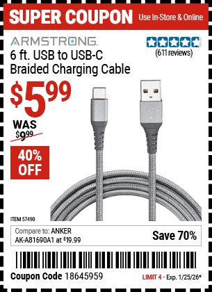 Harbor Freight Coupons, HF Coupons, 20% off - 6 ft. USB to USB-C Braided Charging Cable