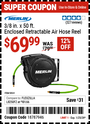 Harbor Freight Coupons, HF Coupons, 20% off - MERLIN 3/8 in. x 50 ft. Enclosed Retractable Air Hose Reel for $69.99