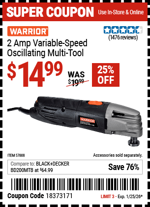 Harbor Freight Coupons, HF Coupons, 20% off - WARRIOR 2 Amp Variable Speed Oscillating Multi-Tool 