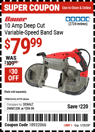Harbor Freight Coupons, HF Coupons, 20% off - 10 Amp Deep Cut Variable Speed Band Saw Kit