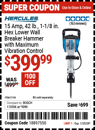 Harbor Freight Coupons, HF Coupons, 20% off - HERCULES 15 Amp, 42 lb., 1-1/8 in. Hex Lower Wall Breaker Hammer with Maximum Vibration Control for $399.99