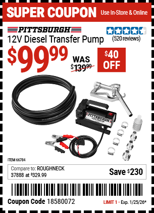 Harbor Freight Coupons, HF Coupons, 20% off - 12v Diesel Transfer Pump