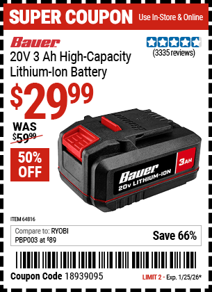Harbor Freight Coupons, HF Coupons, 20% off - 20 Volt, 3.0 Amp Hour Battery