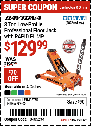 Harbor Freight Coupons, HF Coupons, 20% off - Daytona Rapid Pump 3 Ton Steel Low Profile Floor Jacks