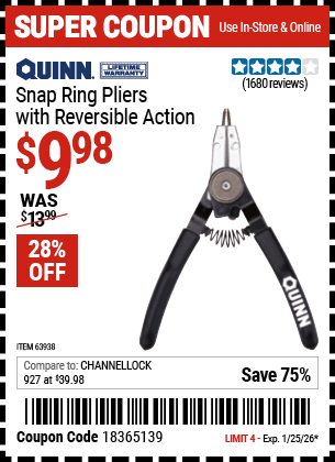 Harbor Freight Coupons, HF Coupons, 20% off - Snap Ring Pliers With Reversible Action