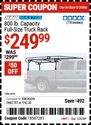 Harbor Freight Coupons, HF Coupons, 20% off - HAUL-MASTER 800 Lbs. Capacity Full Size Truck Rack for $229.99