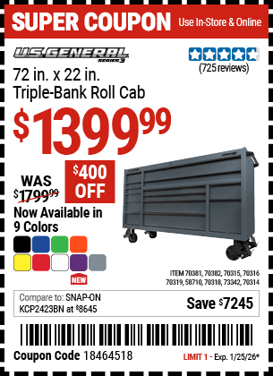 Harbor Freight Coupons, HF Coupons, 20% off - U.S. GENERAL 72 in. x 22 in. Triple-Bank Roll Cab 