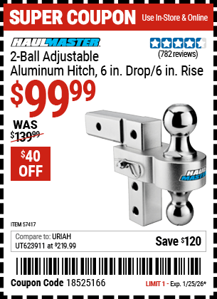 Harbor Freight Coupons, HF Coupons, 20% off - HAUL-MASTER 2-Ball Adjustable Aluminum Hitch for $109.99