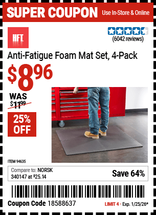 Harbor Freight Coupons, HF Coupons, 20% off - 4 Piece Anti-fatigue Foam Mat Set