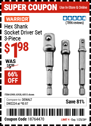 Harbor Freight Coupons, HF Coupons, 20% off - 3 Piece Hex Drill Socket Driver Set