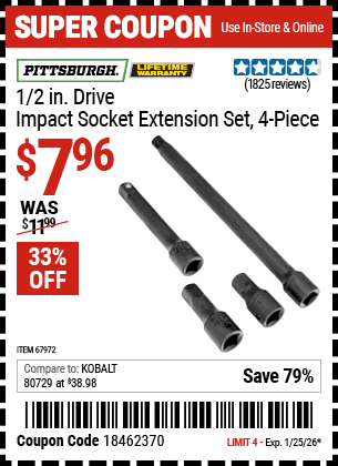 Harbor Freight Coupons, HF Coupons, 20% off - 4 Piece 1/2