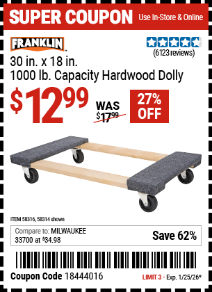 Harbor Freight Coupons, HF Coupons, 20% off - FRANKLIN 30 in. x 19 in. 1000 lb. Capacity Hardwood Dolly 