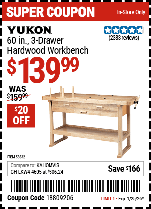 Harbor Freight Coupons, HF Coupons, 20% off - YUKON 60 in. 3-Drawer Hardwood Workbench for $139.99