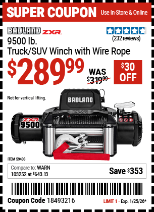 Harbor Freight Coupons, HF Coupons, 20% off - BADLAND ZXR 9500 lb. Truck/SUV Winch with Wire Rope 