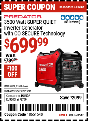 Harbor Freight Coupons, HF Coupons, 20% off - PREDATOR 3500 Watt Super Quiet Inverter Generator with CO SECURE� Technology 