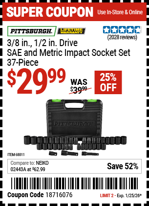 Harbor Freight Coupons, HF Coupons, 20% off - 37 Piece 3/8
