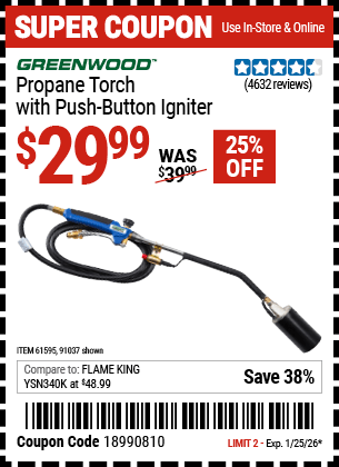 Harbor Freight Coupons, HF Coupons, 20% off - Propane Torch With Push Button Igniter