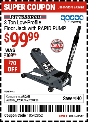 Harbor Freight Coupons, HF Coupons, 20% off - PITTSBURGH 3-Ton Low-Profile Floor Jack with RAPID PUMP 
