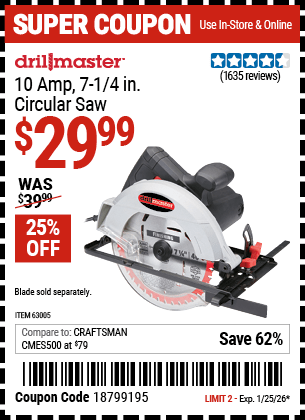 Harbor Freight Coupons, HF Coupons, 20% off - 10 Amp 7-1/4 in. Circular Saw