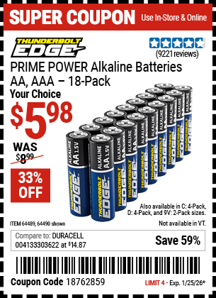 Harbor Freight Coupons, HF Coupons, 20% off - THUNDERBOLT EDGE Alkaline Batteries for $4.99