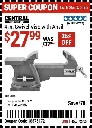 Harbor Freight Coupons, HF Coupons, 20% off - ENTRAL MACHINERY 4 in. Swivel Vise with Anvil for $29.99