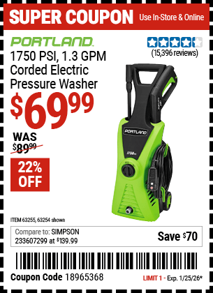 Harbor Freight Coupons, HF Coupons, 20% off - 1750 Psi Electric Pressure Washer