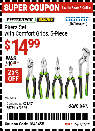 Harbor Freight Coupons, HF Coupons, 20% off - 5 Piece Pliers Set With Comfort Grips