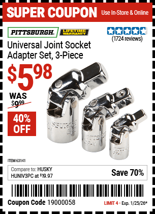 Harbor Freight Coupons, HF Coupons, 20% off - 3 Piece Universal Joint Socket Adapter Set