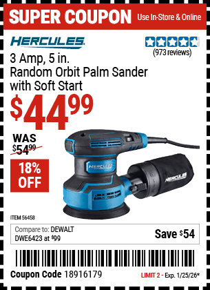 Harbor Freight Coupons, HF Coupons, 20% off - 3  Amp Corded 5 in. Variable Speed Random Orbital Sander