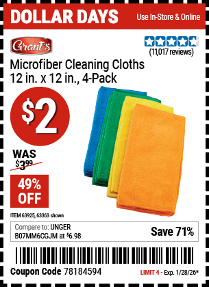 Harbor Freight Coupons, HF Coupons, 20% off - Microfiber Cleaning Cloths Pack Of 4