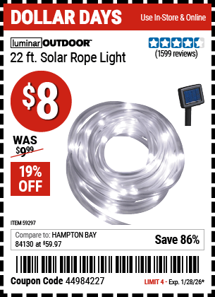 Harbor Freight Coupons, HF Coupons, 20% off - LUMINAR OUTDOOR 16 ft. Solar Rope Light for $7.92
