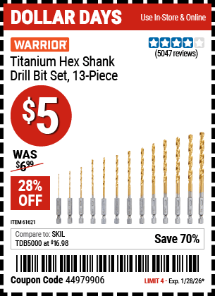 Harbor Freight Coupons, HF Coupons, 20% off - 13 Piece Titanium Nitride Coated High Speed Steel Drill Bits