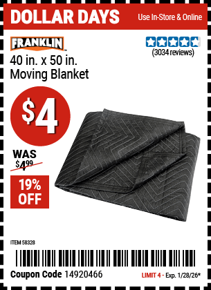Harbor Freight Coupons, HF Coupons, 20% off - FRANKLIN 40 in. x 50 in. Moving Blanket for $4.49