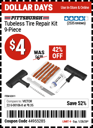 Harbor Freight Coupons, HF Coupons, 20% off - PITTSBURGH AUTOMOTIVE Tubeless Tire Repair Kit 