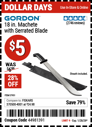 Harbor Freight Coupons, HF Coupons, 20% off - GORDON 18 in. Machete with Serrated Blade for $5.99