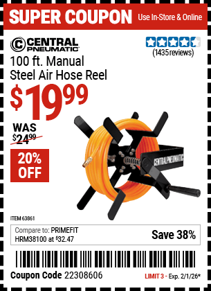 Harbor Freight Coupons, HF Coupons, 20% off - 100 Ft. Manual Steel Air Hose Reel