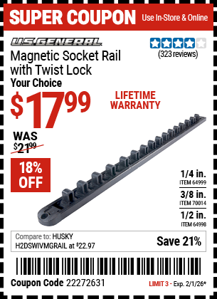 Harbor Freight Coupons, HF Coupons, 20% off - Magnetic Twist Lock Socket Rails