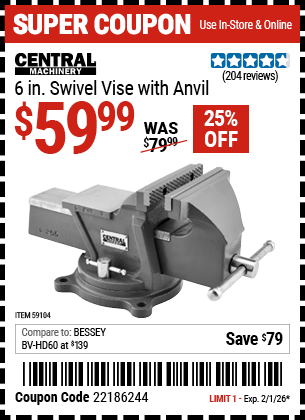 Harbor Freight Coupons, HF Coupons, 20% off - CENTRAL MACHINERY 6 in. Swivel Vise with Anvil 