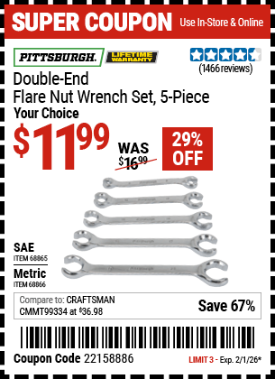 Harbor Freight Coupons, HF Coupons, 20% off - 5 Piece Double-end Flare Nut Wrench Sets