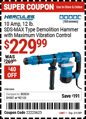 Harbor Freight Coupons, HF Coupons, 20% off - 10 Amp 12 lb.  SDS Max-Type Demolition Hammer with Maximum Vibration Control