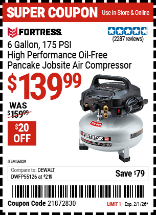 Harbor Freight Coupons, HF Coupons, 20% off - FORTRESS 6 Gallon 175 PSI High Performance Hand Carry Jobsite Air Compressor for $119.99